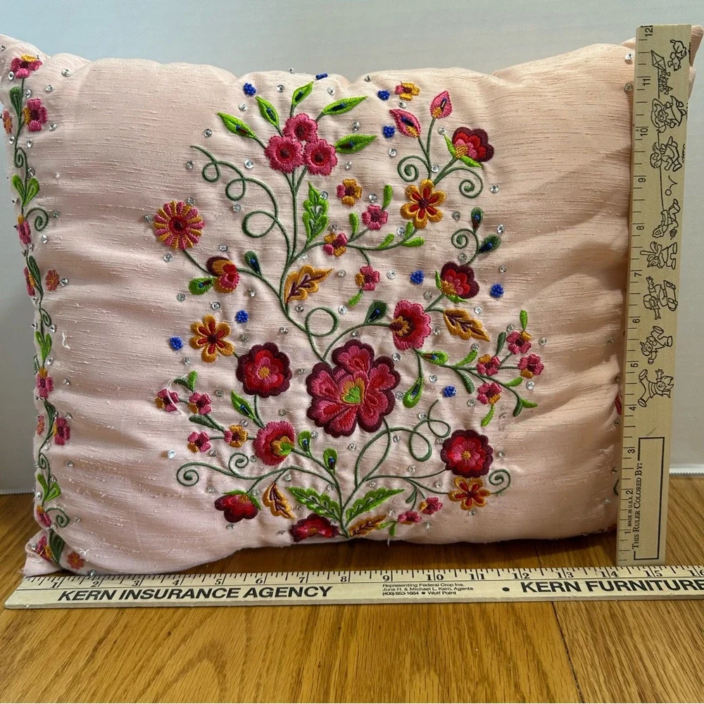 Hand Embroidered Floral Decorative‎ Pillow Pink Silk, Beaded Accents, ITR Brand